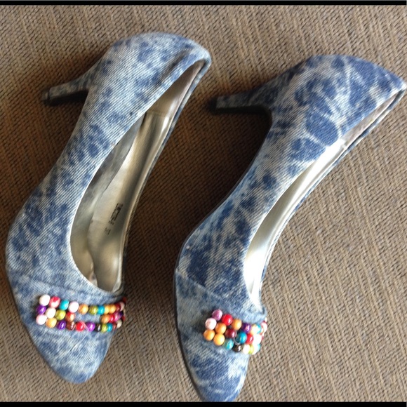 Custom Blue White Tie Dye Beads Heels Shoes US 6.5 - Picture 4 of 8